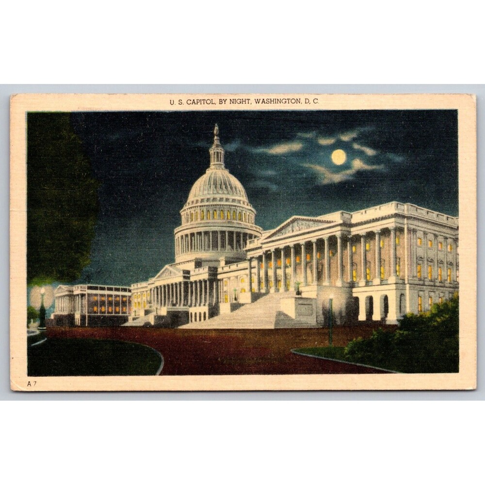Vintage 1948 US Capitol Night Linen Postcard Illinois Masonic Children's Home